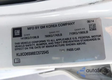 2014 Chevrolet Spark 1Lt Auto z USA, uszkodzony, nr VIN KL8CD6S98EC572545